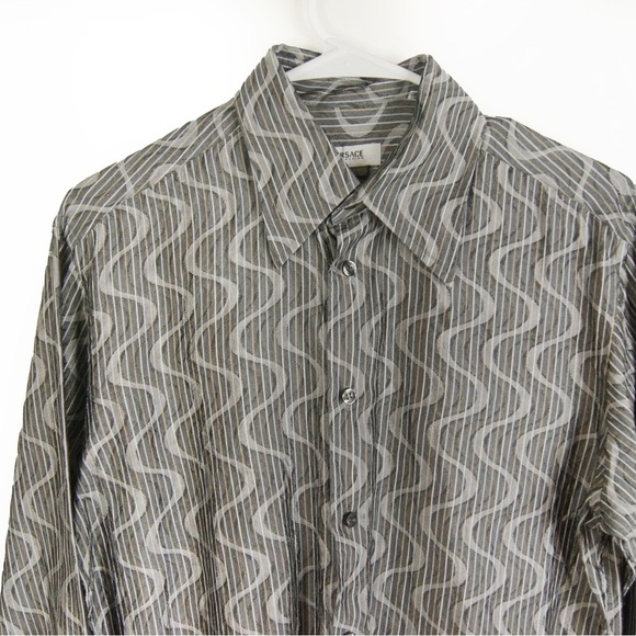 Versace Grey Metallic Stripe Wave Satin Button Up Long Sleeve Dress Shirt Top - Picture 2 of 4